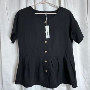 LAISHEN NWT Woman's Black Short Sleeve Button Down Peplum Blouse Size Small